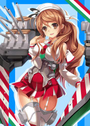 Rule 34 | 10s, 1girl, 7 (vin), anchor, armor, blush, breasts, brown eyes, brown hair, cannon, cowboy shot, detached sleeves, female focus, garter straps, ruffling hair, hand in own hair, headdress, highres, italian flag, kantai collection, large breasts, littorio (kancolle), long hair, looking at viewer, machinery, mecha musume, miniskirt, necktie, pleated skirt, ponytail, shirt, skirt, sleeveless, sleeveless shirt, smile, solo, thighhighs, turret, wavy hair, zettai ryouiki