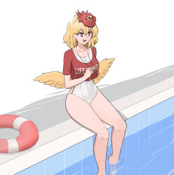 Rule 34 | 1girl, absurdres, alternate costume, animal, animal on head, bird, bird on head, bird wings, blonde hair, breasts, chick, clothes writing, commentary, commission, covered navel, english commentary, highres, lifebuoy, lifeguard, mata (matasoup), medium breasts, multicolored hair, niwatari kutaka, on head, open mouth, poolside, red eyes, short hair, short sleeves, sitting, swim ring, touhou, two-tone hair, wading, whistle, whistle around neck, wings, yellow wings