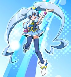 Rule 34 | 10s, 1girl, arm up, black thighhighs, blue background, blue dress, blue eyes, blue hair, blue skirt, blue theme, brooch, crown, cure princess, dress, full body, happinesscharge precure!, heart, heart brooch, iruka-margarine, long hair, magical girl, matching hair/eyes, mini crown, necktie, precure, ryuuta (cure ryuuta), shirayuki hime, shoes, sidelocks, skirt, smile, solo, thighhighs, twintails, wrist cuffs