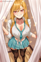 Rule 34 | 1girl, blonde hair, blush, breasts, cleavage, collarbone, earrings, enma (enmanuelart), grin, highres, jewelry, kitagawa marin, large breasts, long hair, looking at viewer, red eyes, smile, solo, sono bisque doll wa koi wo suru, swept bangs, thighhighs, thighs
