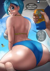 Rule 34 | 1girl, 2boys, absurdres, ass, back, bikini, blue eyes, blue hair, blush, bulma, dragon ball, dragonball z, echo saber, english text, feet, from behind, hand up, highres, huge ass, lips, looking at another, looking back, lotion, multiple boys, short hair, son goku, speech bubble, sunscreen, swimsuit, talking, thighs