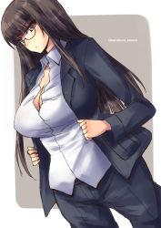 Rule 34 | 1girl, black hair, black jacket, black pants, black suit, blunt bangs, breasts, cleavage, commentary request, covered erect nipples, dress shirt, expressionless, formal, girls und panzer, glasses, jacket, large breasts, long hair, long sleeves, looking at viewer, mature female, nishizumi shiho, pant suit, pants, purple eyes, shinshin, shirt, sidelocks, solo, straight hair, suit, twitter username