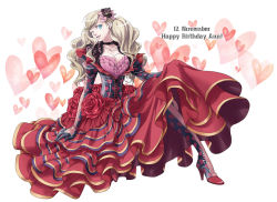 Rule 34 | 10s, 1girl, belt collar, blonde hair, blue eyes, breasts, carmen (persona 5), carmen (persona 5) (cosplay), collar, cosplay, flower, frilled skirt, frills, from side, full body, gloves, hair flower, hair ornament, happy birthday, heart, heart print, high heels, layered skirt, long hair, looking at viewer, medium breasts, one eye closed, oto nagi, persona, persona 5, red flower, red rose, red skirt, rose, skirt, smile, solo, takamaki anne, twintails