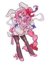 Rule 34 | 1girl, angel wings, animal ears, apron, arm ribbon, bandaid, bandaid on arm, bandaid on knee, bandaid on leg, between fingers, blue bow, blue eyes, blue ribbon, bow, bowtie, breasts, cigarette, cleavage, clenched hand, commentary, cross-laced clothes, cross-laced dress, dress, english commentary, eyelashes, eyeshadow, floppy ears, footwear bow, frilled apron, frilled bowtie, frilled eyepatch, frilled gloves, frilled sleeves, frills, full body, gloves, grey thighhighs, hair bow, hair bun, hair ornament, hair ribbon, hairclip, hand on own hip, heart, heart-shaped eyewear, high heels, highres, holding, holding cigarette, juliet sleeves, kerberos (kerbe ), large breasts, leaning forward, long braid, long hair, long sleeves, looking at viewer, low-tied long hair, maid, maid headdress, makeup, open mouth, original, parted bangs, pink bow, pink bowtie, pink dress, pink eyeshadow, pink footwear, pink hair, pink ribbon, pink sleeves, puffy short sleeves, puffy sleeves, rabbit ears, red bow, ribbed legwear, ribbon, short dress, short sleeves, simple background, single side bun, smile, smoke, solo, sparkle, teeth, thighhighs, tress ribbon, upper teeth only, very long hair, waist apron, white apron, white background, white gloves, white headdress, winged legs, wings, wrist bow, x hair ornament