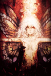 Rule 34 | 1girl, album cover, banpai akira, blonde hair, butterfly wings, cover, flower, insect wings, outstretched arms, petals, red eyes, rose, solo, spread arms, wings
