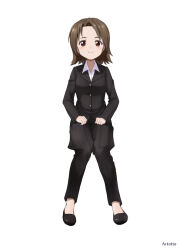 Rule 34 | 1girl, black footwear, black jacket, black pants, brown eyes, brown hair, closed mouth, commentary request, cosplay, dress shirt, flats, girls und panzer, invisible chair, jacket, long sleeves, looking at viewer, nishizumi shiho, nishizumi shiho (cosplay), no socks, pants, parted bangs, partial commentary, realeyes mondogrosso, sawa azusa, shirt, short hair, simple background, sitting, smile, solo, white background, white shirt, wing collar