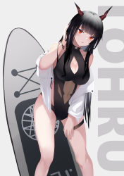 Rule 34 | .l.l, 1girl, absurdres, bare shoulders, black hair, black leotard, breasts, cleavage, cleavage cutout, clothing cutout, collarbone, commentary request, feet out of frame, grey background, hand up, highres, horns, large breasts, leotard, long hair, looking at viewer, navel, off shoulder, open clothes, open shirt, original, parted lips, red eyes, see-through, shirt, solo, standing, very long hair, white shirt