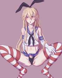 Rule 34 | 1boy, absurdres, artist request, blonde hair, elbow gloves, gloves, highres, kantai collection, long hair, looking at viewer, panties, penis, penis in panties, pink background, shimakaze-kun, shimakaze (kancolle), small penis, solo, spread legs, squatting, striped clothes, striped thighhighs, thighhighs, trap, underwear