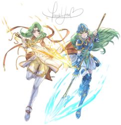 Rule 34 | 2girls, aqua hair, armor, belt, blue armor, blue eyes, blue greaves, blue headwear, boots, breastplate, cape, closed mouth, detached sleeves, elincia ridell crimea, female focus, fire emblem, fire emblem: path of radiance, fire emblem: radiant dawn, fire emblem heroes, floating hair, full body, gloves, greaves, green hair, hair bun, helmet, holding, holding polearm, holding spear, holding sword, holding weapon, krazehkai, long hair, looking at viewer, multiple girls, nephenee, nintendo, parted lips, polearm, princess, serious, shield, side-by-side, simple background, skirt, smile, spear, sword, thigh boots, thighhighs, tiara, weapon, white background, white footwear, white skirt