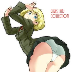 Rule 34 | 10s, 1girl, aono3, arms up, ass, black skirt, blonde hair, blue eyes, closed mouth, commentary, cowboy shot, crotch seam, emblem, english text, girls und panzer, green jacket, head tilt, jacket, katyusha (girls und panzer), leaning forward, long sleeves, looking at viewer, looking back, miniskirt, panties, pleated skirt, pravda school uniform, red shirt, school uniform, shirt, short hair, simple background, skirt, smile, solo, standing, turtleneck, underwear, white background, white panties