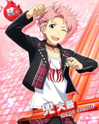Rule 34 | 1boy, ;d, ahoge, blue eyes, card (medium), character name, fingernails, idolmaster, idolmaster side-m, jacket, jewelry, kabuto daigo, leather, leather jacket, official art, one eye closed, open clothes, open jacket, open mouth, pink background, pink hair, ring, shirt, smile, solo, teeth, upper teeth only, white shirt
