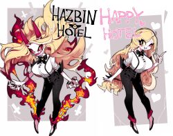Rule 34 | alternate breast size, black nails, black pants, blonde hair, bow, bowtie, breasts, charlie morningstar, circle facial mark, colored sclera, demon girl, demon horns, dual persona, evil smile, fangs, fingernails, fire, hazbin hotel, high heels, highres, horns, large breasts, leaning forward, long hair, looking at viewer, low-tied long hair, mato tsuyoi, pants, red horns, red sclera, sharp fingernails, sharp teeth, smile, suspenders, teeth, very long hair, wide mouth, yellow eyes, yellow sclera