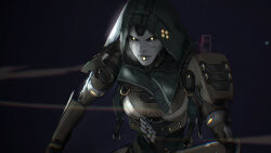 Rule 34 | 1girl, android, apex legends, arm blade, ash (titanfall 2), black background, breasts, commentary, cracked skin, english commentary, glowing, glowing eyes, highres, hood, hood up, ifragmentix, looking ahead, medium breasts, metal skin, simulacrum (titanfall), smile, solo, weapon, white eyes