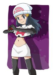 Rule 34 | 1girl, alternate costume, beanie, black footwear, black gloves, black hair, boots, border, closed mouth, commentary request, cosplay, creatures (company), cropped jacket, dawn (pokemon), elbow gloves, eyelashes, game freak, gloves, grey eyes, hainchu, hair ornament, hairclip, hands up, hat, highres, holding, holding poke ball, jacket, jessie (pokemon), jessie (pokemon) (cosplay), logo, long hair, navel, nintendo, poke ball, poke ball (basic), pokemon, pokemon (anime), pokemon dppt (anime), purple background, skirt, smile, solo, split mouth, team rocket, team rocket uniform, thigh boots, white border, white hat, white jacket, white skirt