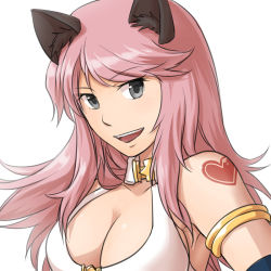 Rule 34 | 1girl, animal ears, arm tattoo, bikini, black gloves, breasts, cat ears, cleavage, commentary request, elbow gloves, female focus, gloves, grey eyes, heart, heart tattoo, large breasts, long hair, looking at viewer, natsuya (kuttuki), open mouth, pink hair, ragnarok online, simple background, smile, solo, swept bangs, swimsuit, tattoo, upper body, white background, white bikini, whitesmith (ragnarok online)