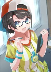Rule 34 | 1girl, absurdres, black hair, blouse, blue eyes, borumete, breasts, collarbone, commentary request, glasses, green shirt, hat, highres, holding, holding pen, holding tablet pc, hololive, indoors, looking at viewer, oozora subaru, oozora subaru (1st costume), open mouth, pen, shirt, short hair, short sleeves, small breasts, smile, solo, striped clothes, striped shirt, tablet pc, two-tone shirt, vertical-striped clothes, vertical-striped shirt, virtual youtuber, white shirt