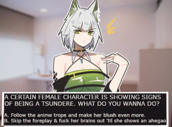 Rule 34 | 1girl, animal ear fluff, animal ears, arknights, bare shoulders, cat ears, cat girl, choice, closed mouth, commentary, dialogue options, dress, english commentary, english text, fake screenshot, green dress, green eyes, grey hair, kal&#039;tsit (arknights), looking at viewer, lowres, material growth, nuggetkouhai, oripathy lesion (arknights), profanity, short hair, solo, upper body, visual novel