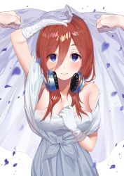 Rule 34 | 1girl, absurdres, arm up, bare shoulders, blue dress, blue eyes, blush, breasts, bridal veil, bride, cleavage, closed mouth, collarbone, commentary request, dress, elbow gloves, gloves, go-toubun no hanayome, hair between eyes, hand on own chest, headphones, highres, large breasts, long hair, looking at viewer, motion blur, nakano miku, orange hair, petals, pov, rufe 0v0, simple background, smile, solo, veil, wedding, wedding dress, white background, white gloves