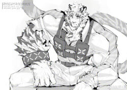 Rule 34 | 1boy, arknights, bara, ben-day dots, chinese commentary, dated, furry, furry male, greyscale, highres, looking at viewer, monochrome, mountain (arknights), multiple scars, scar, scar across eye, scar on face, screentones, sitting, tiger boy, torn clothes, weibo logo, white background, yanoap