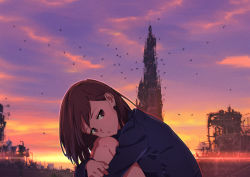 Rule 34 | 1girl, backlighting, bird, blue shirt, blush, breasts, brown hair, building, closed mouth, cloud, company connection, domo1220, evening, gradient sky, knees to chest, knees up, hugging own legs, long hair, long sleeves, looking at viewer, medium breasts, original, outdoors, purple eyes, ruins, shirt, sitting, sky, solo, sunlight, sunset