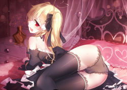 Rule 34 | 1girl, artist name, ass, bad anatomy, bare shoulders, bed, bedroom, black dress, black panties, black thighhighs, blonde hair, blush, breasts, cleft of venus, curtains, detached sleeves, dress, expressive clothes, heart, heart print, hip focus, indoors, long hair, looking back, lying, niliu chahui, on bed, on side, open mouth, original, panties, profile, qys3, red eyes, signature, solo, thighhighs, thighs, tokisaki asaba (niliu chahui), twintails, two side up, underwear, very long hair