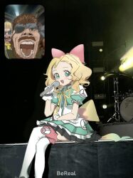 big_boss blonde_hair brown_hair eyepatch facial_hair fan_screaming_at_madison_beer_(meme) green_eyes headband highres kazuhira_miller long_hair meme metal_gear_(series) metal_gear_solid:_peace_walker microphone music mustache nemo_(leafnight) paz_ortega_andrade screaming singing sunglasses thighhighs white_thighhighs