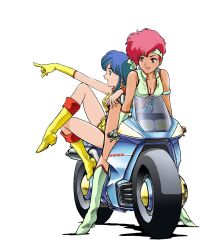 Rule 34 | 1980s (style), 2girls, blue eyes, blue hair, boots, breasts, cleavage, crop top, dark-skinned female, dark skin, dirty pair, earrings, headband, jewelry, kei (dirty pair), knee boots, leaning forward, medium breasts, motor vehicle, motorcycle, multiple girls, non-web source, official art, oldschool, on motorcycle, open mouth, photoshop (medium), pointing, red eyes, red hair, retro artstyle, simple background, smile, white background, yuri (dirty pair)