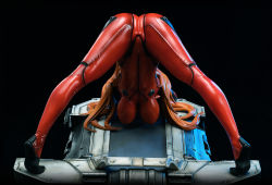 Rule 34 | 1girl, absurdres, artist request, ass, ass focus, black background, bodysuit, brown hair, figure, flexible, hair ornament, highres, huge ass, interface headset, jack-o&#039; challenge, lips, long hair, looking at viewer, meme, neon genesis evangelion, photo (medium), plugsuit, red bodysuit, shiny clothes, simple background, solo, souryuu asuka langley, spread legs, stretching, torn clothes, twintails, two side up, very long hair, wide spread legs