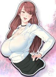 1girl 2022 black_skirt breasts brown_hair choker cleavage collar collarbone earrings eyelashes hand_on_own_hip highres jewelry large_breasts lips long_hair looking_to_the_side office_lady open_clothes open_mouth open_shirt peakjump pocket real_life shirt signature skirt solo tanaka_hitomi white_shirt