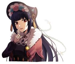 Rule 34 | 1girl, blunt bangs, bonnet, capelet, dress, fur collar, genshin impact, hair ornament, hat, highres, index finger raised, lix (iroiro3843), long hair, long sleeves, looking at viewer, pink capelet, pom pom (clothes), purple hair, red eyes, romaji commentary, simple background, solo, tassel, upper body, very long hair, vision (genshin impact), white background, yun jin (genshin impact)