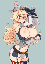 Rule 34 | 1girl, :o, arms up, asymmetrical legwear, belt, blonde hair, blue eyes, blush, breasts, breasts out, commentary request, elbow gloves, fingerless gloves, garter straps, gloves, headgear, iowa (kancolle), kantai collection, kusanagi tonbo, large breasts, long hair, miniskirt, mismatched legwear, navel, nipples, no bra, parted lips, simple background, skirt, solo, star-shaped pupils, star (symbol), striped clothes, striped thighhighs, symbol-shaped pupils, thighhighs, vertical-striped clothes, vertical-striped thighhighs