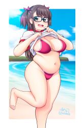 Rule 34 | 1girl, absurdres, artist name, barefoot, bikini, black-framed eyewear, blue sky, blush, border, bow, breasts, brown hair, character request, clothes lift, cloud, cloudxmoe, cloudy sky, copyright request, day, english text, foot out of frame, glasses, green eyes, hair bow, highres, large breasts, lifted by self, long hair, looking at viewer, navel, open mouth, outdoors, outside border, pink bow, plump, red bikini, shirt lift, short sleeves, skindentation, sky, solo, standing, standing on one leg, swimsuit, teeth, thick thighs, thighs, upper teeth only, white border
