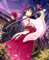 Rule 34 | 1girl, architecture, black hair, breasts, brown eyes, building, copyright request, detached sleeves, dutch angle, east asian architecture, hair between eyes, highres, holding, holding sword, holding weapon, japanese clothes, katana, long hair, looking at viewer, medium breasts, miko, official art, outdoors, red eyes, short hair, smoking, solo, sword, very long hair, weapon, yano mitsuki (nanairo)
