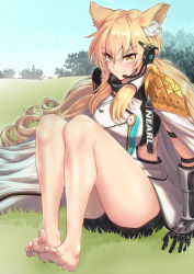 Rule 34 | &gt;:), 1girl, animal ear fluff, animal ears, arknights, armor, bare legs, barefoot, black shorts, blonde hair, blue sky, character name, cloud, commentary request, day, dress, feet, grass, headset, highres, knees up, long hair, looking at viewer, nearl (arknights), nearl the radiant knight (arknights), outdoors, short shorts, shorts, shoulder armor, sitting, sky, smile, solo, thighs, toes, v-shaped eyebrows, vambraces, white dress, yamauchi (conan-comy), yellow eyes