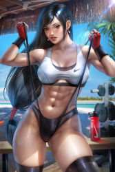 Rule 34 | 1girl, abs, adapted costume, artist name, ayya sap, beach, black hair, bottle, breasts, costa del sol, earrings, final fantasy, final fantasy vii, fingerless gloves, gloves, jewelry, lips, logo, long hair, low-tied long hair, medium breasts, nike (company), patreon username, pinup (style), solo, sports bra, square enix, thighhighs, thighs, tifa lockhart, toned, veins, water bottle