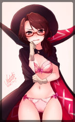 Rule 34 | 1girl, 2018, artist name, black cape, blush, border, bow, bow bra, bow panties, bra, breasts, brown hair, cameltoe, cape, cleavage, cowboy shot, dated, embarrassed, facing viewer, glasses, gloves, gradient background, grey gloves, hand on own face, highres, kururuduki, lingerie, long hair, looking at viewer, navel, nose blush, open mouth, panties, pink bow, pink bra, pink panties, purple eyes, red-framed eyewear, semi-rimless eyewear, side-tie panties, signature, small breasts, solo, standing, stomach, swept bangs, thigh gap, touhou, translucent border, transparent border, under-rim eyewear, underwear, usami sumireko, v-shaped eyebrows