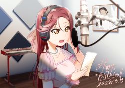 Rule 34 | 1girl, artist name, artist request, blush, bow, breasts, collarbone, dress, female focus, hair bow, hair over shoulder, hand on face, headphones, headset, highres, holding, holding paper, indoors, instrument, jewelry, long hair, looking at viewer, love live!, love live! school idol festival, love live! sunshine!!, microphone, necklace, paper, parted lips, pearl necklace, piano, pink dress, pink scrunchie, polka dot, polka dot scrunchie, puffy short sleeves, puffy sleeves, red hair, sakurauchi riko, scrunchie, short sleeves, small breasts, smile, solo, white bow, wrist scrunchie, zakimpo