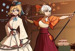 Rule 34 | 2girls, archery, blonde hair, blue eyes, blurry, blurry background, bow, bow (weapon), breasts, centurii-chan (artist), commentary, drawing bow, dress, english commentary, english text, firing, flower, gloves, hair bow, hakama, hakama skirt, hat, highres, hip vent, holding, holding bow (weapon), holding weapon, indoors, japanese clothes, kimono, kyuudou, long sleeves, medium breasts, multiple girls, muneate, open mouth, orange eyes, original, partially fingerless gloves, partly fingerless gloves, red hakama, ribbon, short hair, sidelocks, single sidelock, skirt, smile, sound effects, teeth, upper teeth only, weapon, white dress, white hair, wide sleeves, yugake, yumi (bow)