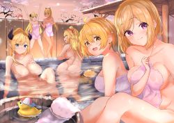 Rule 34 | 5girls, absurdres, ahoge, akai haato, aki rosenthal, ass, bare shoulders, bath, bathing, blonde hair, blush, breast rest, breasts, bucket, closed mouth, collarbone, commentary request, covering privates, dawn, demon horns, from behind, full moon, groin, hair between eyes, highres, hololive, horns, large breasts, long hair, looking at viewer, moon, multiple girls, naked towel, nude cover, ogura toast, onsen, open mouth, partially submerged, pink hair, pointy ears, ponytail, purple eyes, rock, sakura miko, shiranui flare, short hair, sideboob, sitting, smile, snowing, steam, teeth, towel, tsunomaki watame, upper teeth only, virtual youtuber, water, white towel, wooden bucket, yellow eyes, yozora mel, yuzuki choco