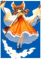 Rule 34 | 1girl, blue background, brown hair, detached sleeves, expressionless, floating, gohei, hair ribbon, hair tubes, hakurei reimu, highres, long hair, looking at viewer, neckerchief, nontraditional miko, red eyes, ribbon, skirt, solo, suna (s73d), touhou, wide sleeves