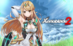 Rule 34 | 1girl, absurdres, armor, armpits, arms up, bare shoulders, blonde hair, blush, breasts, cleavage, day, dress, elbow gloves, field, fingerless gloves, gloves, highres, large breasts, long hair, looking at viewer, mythra (xenoblade), nez-box, nintendo, skirt, sky, smile, solo, swept bangs, very long hair, xenoblade chronicles (series), xenoblade chronicles 2, yellow eyes