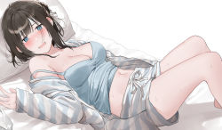 Rule 34 | 1girl, absurdres, bare shoulders, black hair, blouse, blue eyes, blue shirt, blush, breasts, cleavage, commentary, commentary request, hair ornament, hair ribbon, highres, jacket, knees up, large breasts, long sleeves, looking at viewer, lying, navel, off shoulder, on back, original, parted lips, ribbon, shirt, short shorts, shorts, smile, solo, stomach, striped clothes, striped jacket, striped shorts, thighs, white background, white ribbon, xretakex