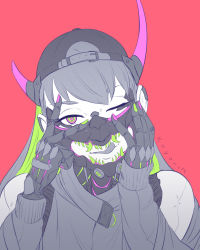Rule 34 | 1girl, ;q, artist name, asymmetrical horns, backwards hat, baseball cap, black hair, black hat, buckle, cyberpunk, ear piercing, fake horns, flat color, green eyes, green hair, hands on own cheeks, hands on own face, hands up, hat, heart, heart-shaped pupils, horned headwear, horns, joints, koyorin, long sleeves, looking at viewer, mask, multicolored eyes, multicolored hair, multicolored nails, nail polish, one eye closed, original, panties, piercing, pink panties, prosthesis, prosthetic hand, red background, robot joints, sharp teeth, signature, simple background, solo, symbol-shaped pupils, teeth, tongue, tongue out, two-tone hair, underwear, uneven horns, v