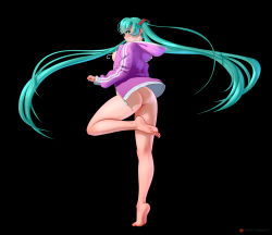 Rule 34 | 1girl, absurdres, aqua eyes, aqua hair, arteslav, ass, bare legs, barefoot, black background, blush, bottomless, breasts, commentary, english commentary, hatsune miku, highres, hood, hood down, hoodie, huge ass, kneepits, legs, long hair, long legs, looking back, medium breasts, naked hoodie, nipples, no bra, open clothes, open hoodie, plantar flexion, purple hoodie, solo, standing, standing on one leg, tiptoes, toes, twintails, very long hair, vocaloid