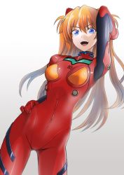 Rule 34 | 1girl, blue eyes, bodysuit, breasts, brown hair, curvy, hair ornament, hand in own hair, hand on own hip, highres, ivuki, long hair, medium breasts, neon genesis evangelion, open mouth, plugsuit, red bodysuit, shiny clothes, simple background, smile, solo, souryuu asuka langley, two side up, very long hair