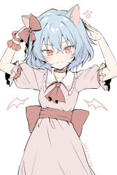 Rule 34 | 1girl, :3, animal ear fluff, arms up, ascot, back bow, blue hair, bow, breasts, choker, collarbone, cowboy shot, crossed bangs, detached wings, drawn wings, dress, fang, frilled shirt collar, frills, hair between eyes, hair bow, hands up, highres, kemonomimi mode, looking at viewer, medium hair, mini wings, no headwear, pink dress, pink eyes, puffy short sleeves, puffy sleeves, red ascot, red bow, red choker, remilia scarlet, short sleeves, simple background, skin fang, small breasts, solo, touhou, white background, wings, wrist cuffs, yuki (popopo)