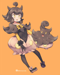 Rule 34 | 1girl, ahoge, black capelet, black footwear, black gloves, black hair, black leotard, black pantyhose, bow, breasts, brown shorts, capelet, collarbone, commentary request, creatures (company), fangs, full body, game freak, gen 6 pokemon, gloves, hair between eyes, highres, kuromiya, leotard, long sleeves, nintendo, open mouth, orange background, pantyhose, personification, pokemon, pokemon (creature), puffy shorts, pumpkaboo, shoe soles, shoes, shorts, simple background, small breasts, twitter username, yellow bow, yellow eyes
