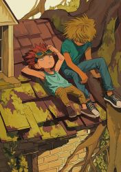 Rule 34 | 2boys, aged down, blonde hair, child, eustass kid, eyewear on head, highres, killer (one piece), lying, male focus, mulso, multiple boys, on back, on roof, one piece, outdoors, red hair, rooftop, short sleeves, sitting on roof, sleeveless, tree