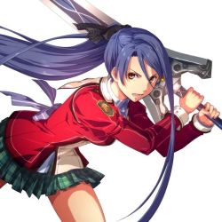 Rule 34 | 1girl, eiyuu densetsu, enami katsumi, falcom, holding, holding sword, holding weapon, laura s. arseid, long hair, long sleeves, looking at viewer, official art, open mouth, plaid, purple hair, sen no kiseki, simple background, solo, sword, v-shaped eyebrows, weapon, white background