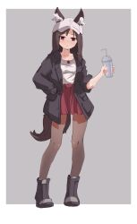 Rule 34 | 1girl, :&lt;, alternate costume, animal ear fluff, animal ears, black footwear, black pantyhose, blush, brown hair, casual, chinese commentary, closed mouth, collarbone, commentary request, cup, disposable cup, ears through headwear, fengzhong yuntuan, flat cap, full body, hand in pocket, hat, highres, holding, holding cup, imaizumi kagerou, long hair, long sleeves, looking at viewer, pantyhose, red eyes, red skirt, shirt, shoes, skirt, solo, tail, touhou, white hat, white shirt, wolf ears, wolf girl, wolf tail
